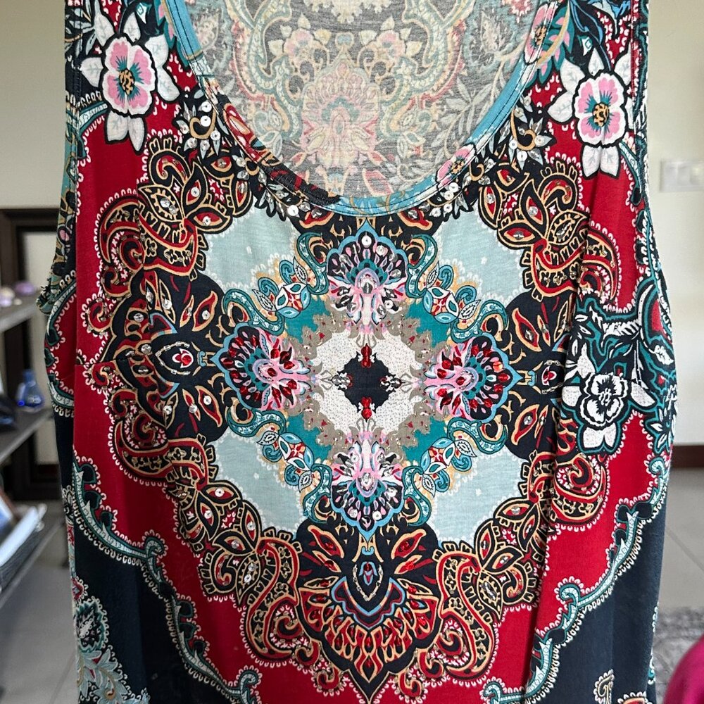 BILA Red Blue Sequin w/Crochet Hem Tank top blouse Boho Peasant Rayon